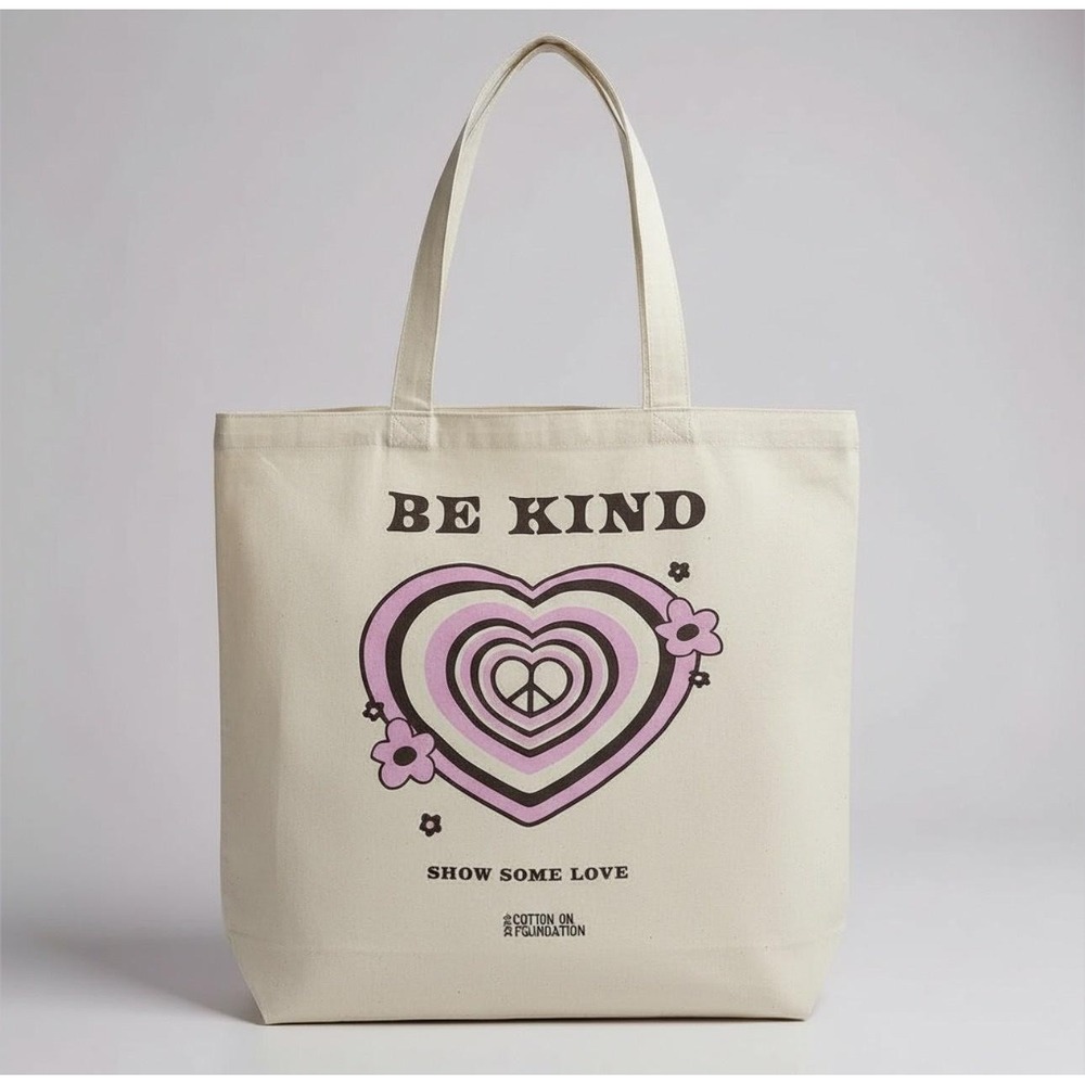 Cotton On Foundation Tote Bag Womens Large Beige Be Kind Heart Graphic Shopper